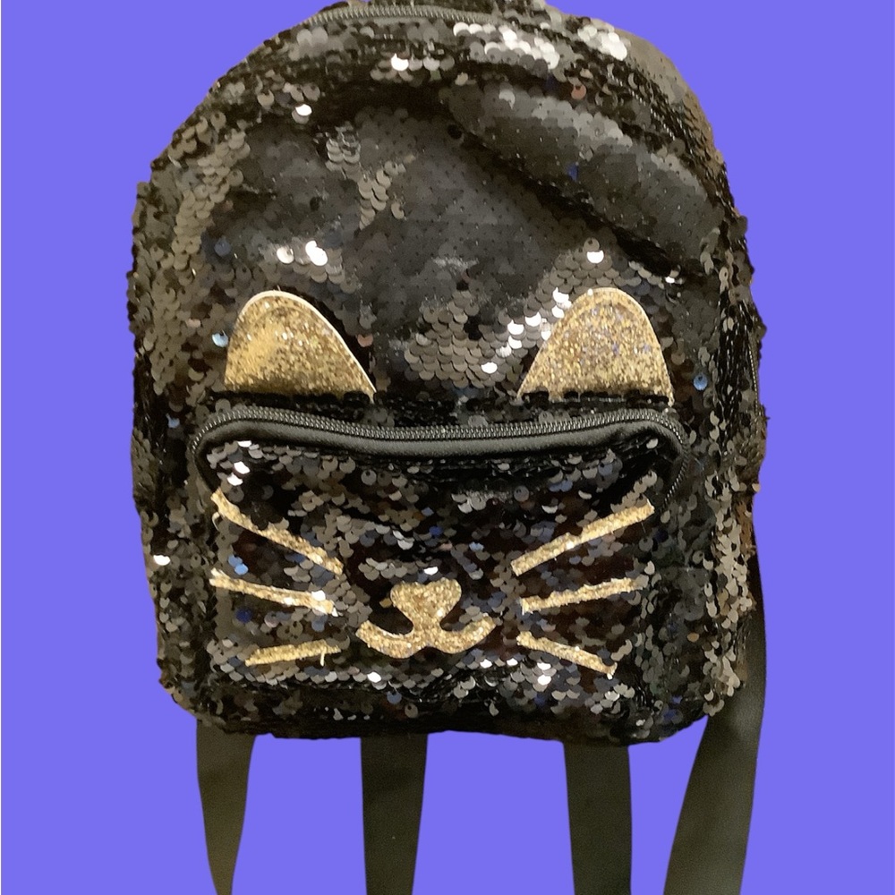 Black and Gold Cat Face Backpack with sequins. Front pocket with whiskers. NEW